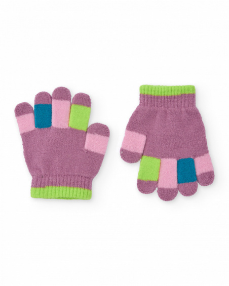 Knit gloves for girls in mauve with multicolored fingers.