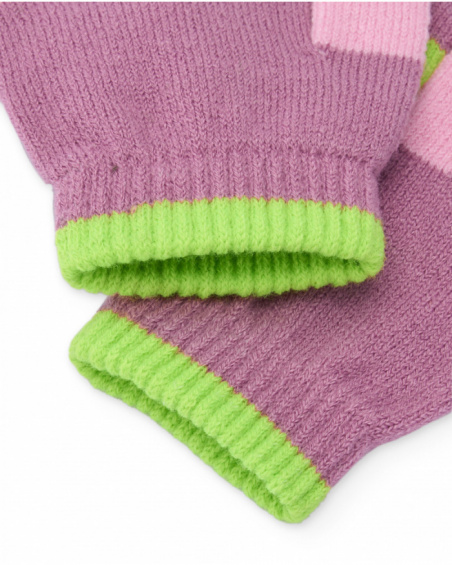 Knit gloves for girls in mauve with multicolored fingers.