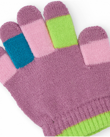 Knit gloves for girls in mauve with multicolored fingers.