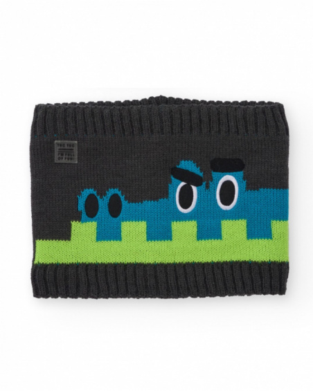 Knit neck warmer for boys in dark gray with crocodile design.