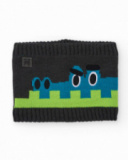 Knit neck warmer for boys in dark gray with crocodile design. Knit neck warmer for boys in dark gray with crocodile design.