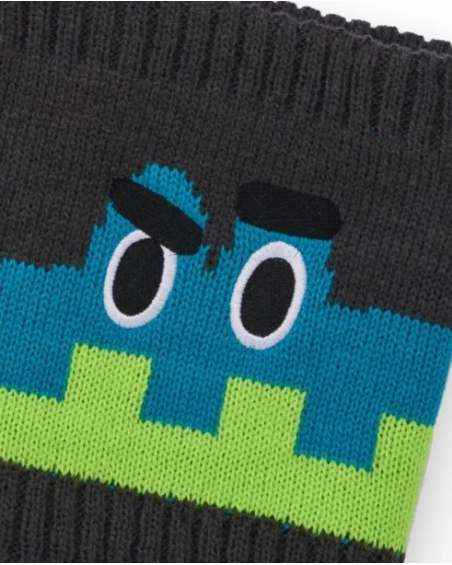 Knit neck warmer for boys in dark gray with crocodile design.