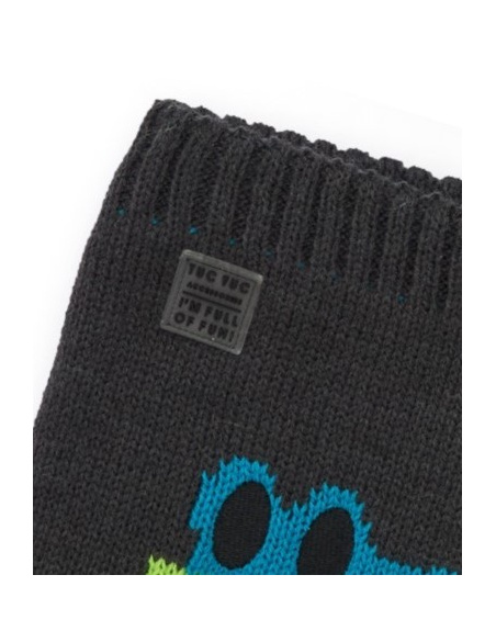 Knit neck warmer for boys in dark gray with crocodile design.