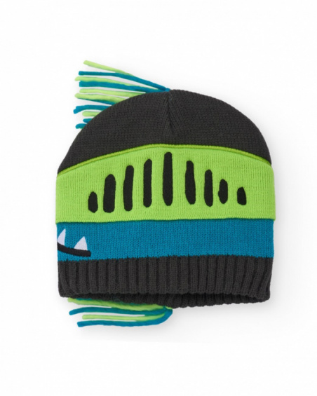 Knit beanie for boys in gray with dinosaur design and 3D mane. Knit beanie for boys in gray with dinosaur design and 3D mane.