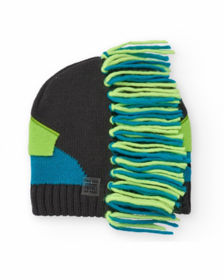 Knit beanie for boys in gray with dinosaur design and 3D mane. Knit beanie for boys in gray with dinosaur design and 3D mane.