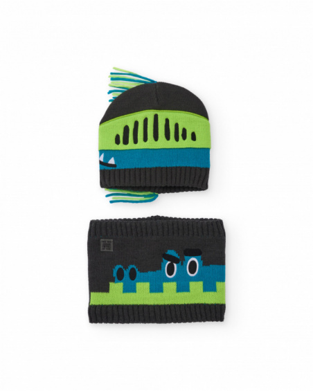 Knit hat and neck warmer set for boys in gray with dinosaur design.