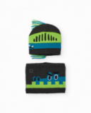 Knit hat and neck warmer set for boys in gray with dinosaur design. Knit hat and neck warmer set for boys in gray with dinosaur design.