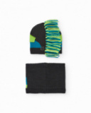 Knit hat and neck warmer set for boys in gray with dinosaur design. Knit hat and neck warmer set for boys in gray with dinosaur design.