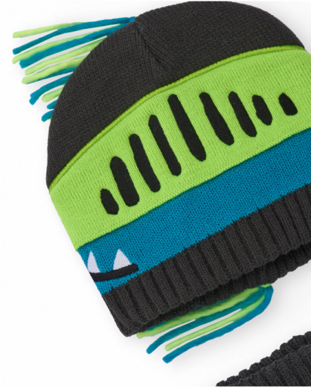 Knit hat and neck warmer set for boys in gray with dinosaur design.