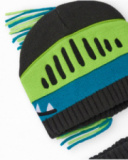 Knit hat and neck warmer set for boys in gray with dinosaur design. Knit hat and neck warmer set for boys in gray with dinosaur design.