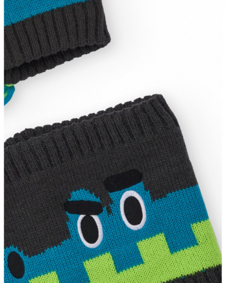 Knit hat and neck warmer set for boys in gray with dinosaur design.