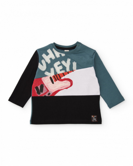Long-sleeve T-shirt for boys in teal blue with guitar print