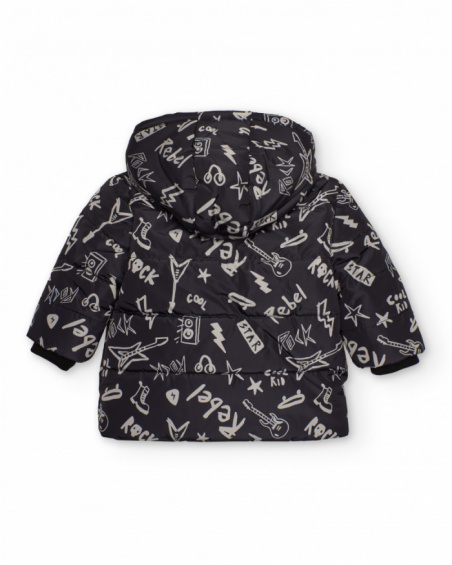 Padded jacket for boys in black with rock print.