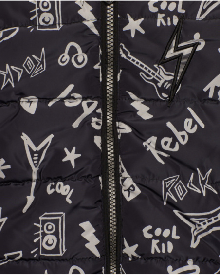 Padded jacket for boys in black with rock print.