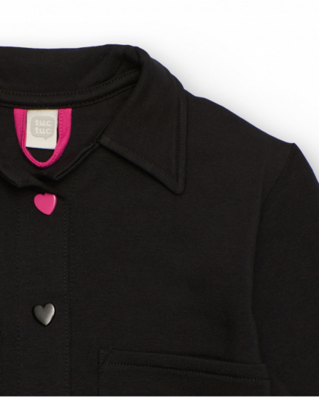 Black jacket for girl with heart buttons and back flower Black jacket for girl with heart buttons and back flower