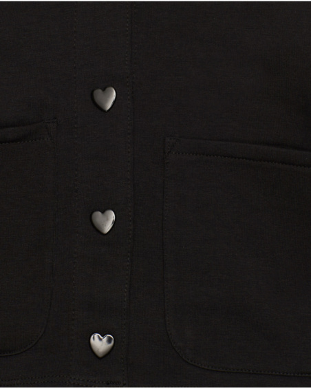 Black jacket for girl with heart buttons and back flower Black jacket for girl with heart buttons and back flower
