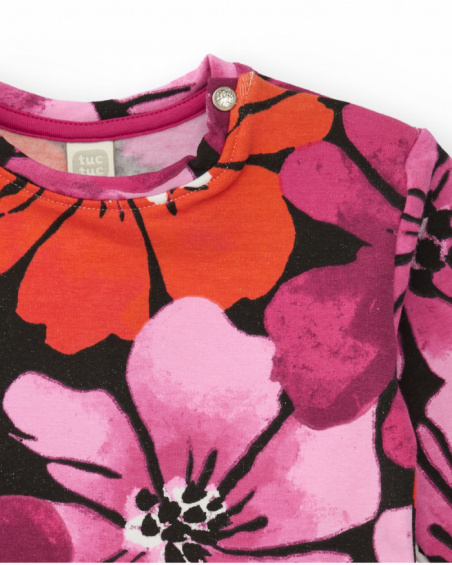 Girl’s dress with floral print in fuchsia. Girl’s dress with floral print in fuchsia.