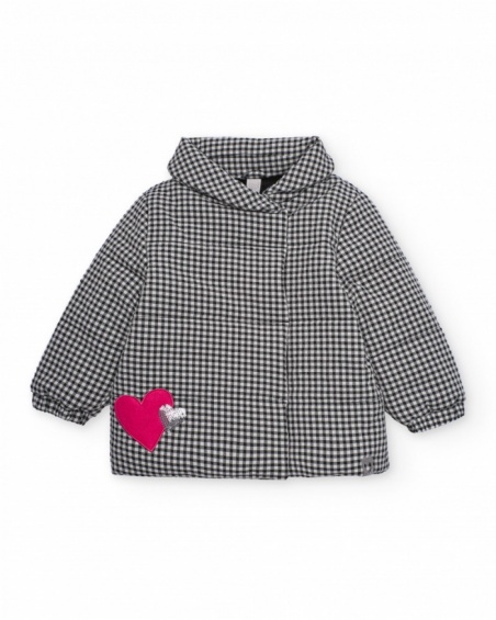 Black gingham padded coat for girls with heart detail