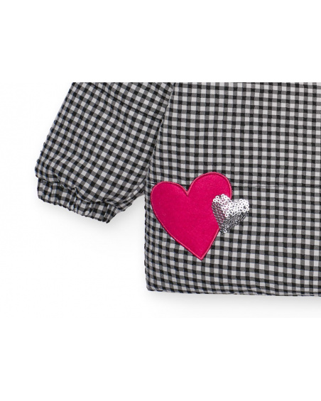 Black gingham padded coat for girls with heart detail