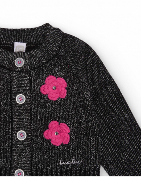 Black knit cardigan for girls with fuchsia flowers Black knit cardigan for girls with fuchsia flowers