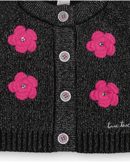 Black knit cardigan for girls with fuchsia flowers Black knit cardigan for girls with fuchsia flowers