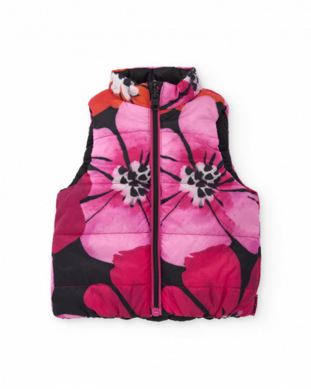 Reversible padded vest for girls with fuchsia flowers and black side
