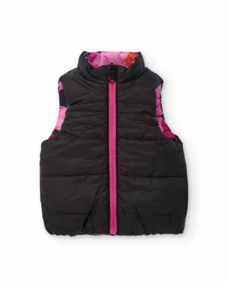 Reversible padded vest for girls with fuchsia flowers and black side