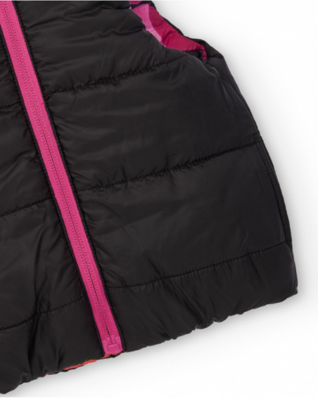 Reversible padded vest for girls with fuchsia flowers and black side
