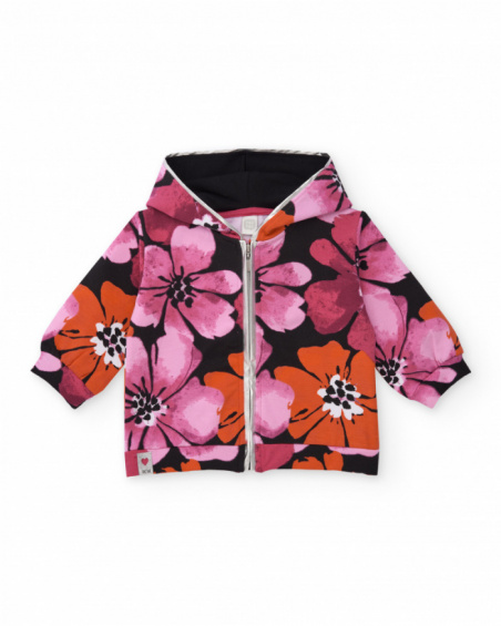 Hooded jacket for girls with floral print in fuchsia. Hooded jacket for girls with floral print in fuchsia.
