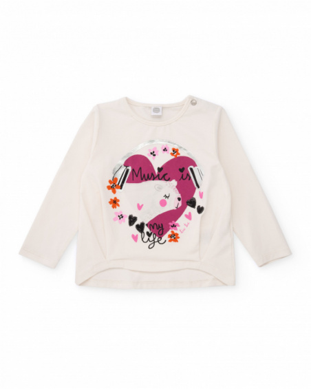 Ecru long-sleeve T-shirt for girls with music print and glitter Ecru long-sleeve T-shirt for girls with music print and glitter