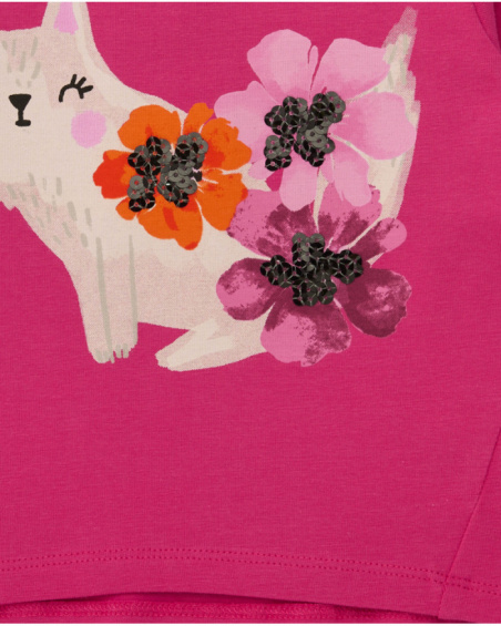 Fuchsia girl’s T-shirt with cat and floral print Fuchsia girl’s T-shirt with cat and floral print