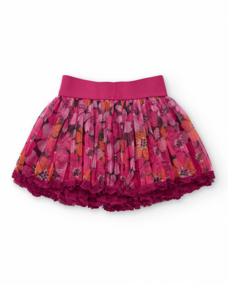 Girl’s skirt with pleated fuchsia tulle and floral print. Girl’s skirt with pleated fuchsia tulle and floral print.