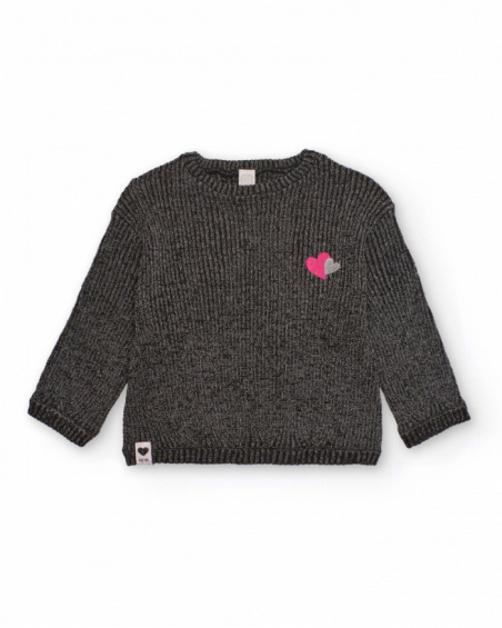 Girl’s sweater in chunky gray knit with heart details. Girl’s sweater in chunky gray knit with heart details.