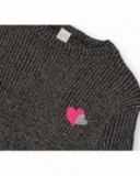 Girl’s sweater in chunky gray knit with heart details. Girl’s sweater in chunky gray knit with heart details.