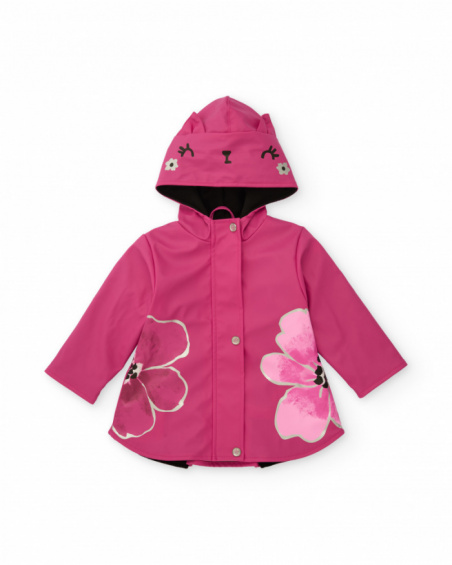 Girl's fuchsia raincoat with decorative hood and large flowers