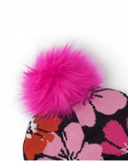 Girls’ hat and scarf set with fuchsia floral print