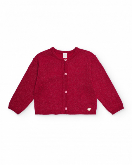 Girl's shiny cherry-colored knit cardigan Girl's shiny cherry-colored knit cardigan