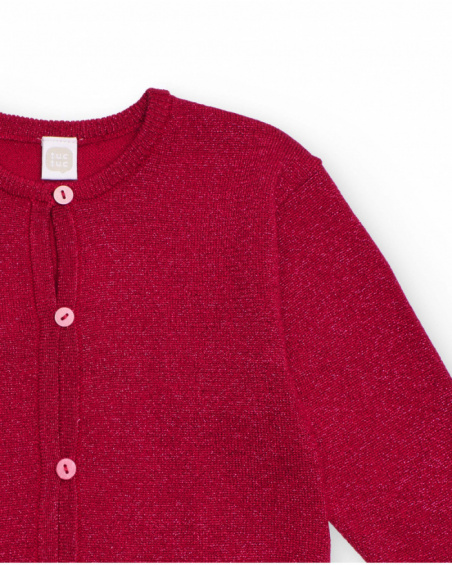 Girl's shiny cherry-colored knit cardigan Girl's shiny cherry-colored knit cardigan