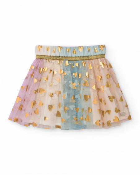 Pink tulle skirt for girls with golden heart print