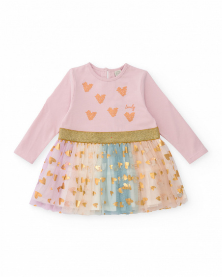 Pink dress for girls with tulle skirt in pink tones and golden hearts Pink dress for girls with tulle skirt in pink tones and golden hearts