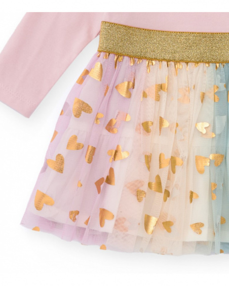 Pink dress for girls with tulle skirt in pink tones and golden hearts Pink dress for girls with tulle skirt in pink tones and golden hearts
