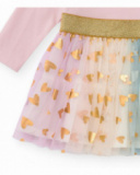 Pink dress for girls with tulle skirt in pink tones and golden hearts Pink dress for girls with tulle skirt in pink tones and golden hearts