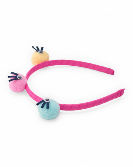 Pink headband for girls with multicolored pom-poms and googly eyes Pink headband for girls with multicolored pom-poms and googly eyes
