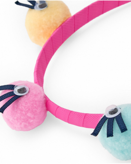Pink headband for girls with multicolored pom-poms and googly eyes Pink headband for girls with multicolored pom-poms and googly eyes