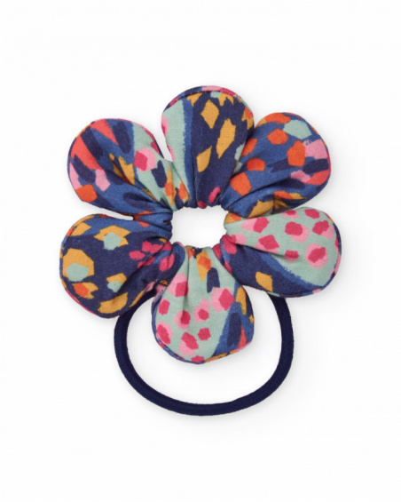 Flower-shaped hair tie for girls with blue-toned print. Flower-shaped hair tie for girls with blue-toned print.