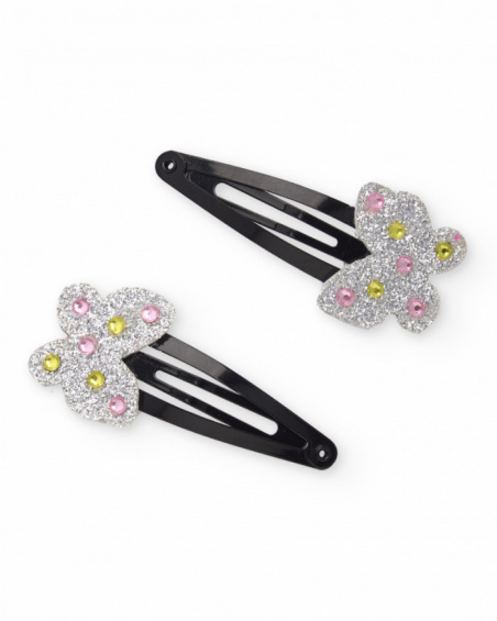 Black hair clips for girls with silver butterflies and colorful gems