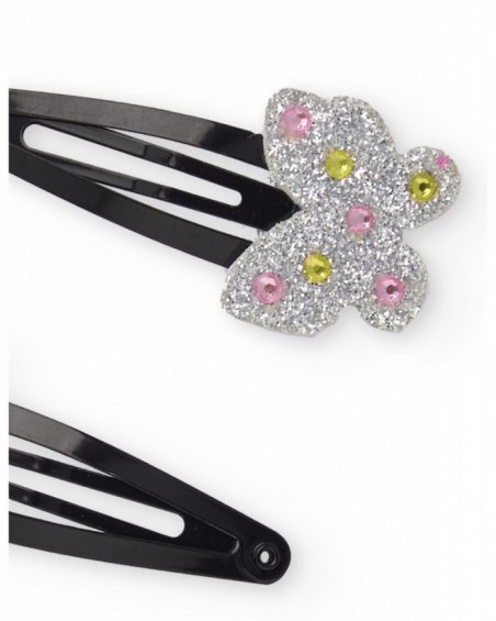 Black hair clips for girls with silver butterflies and colorful gems