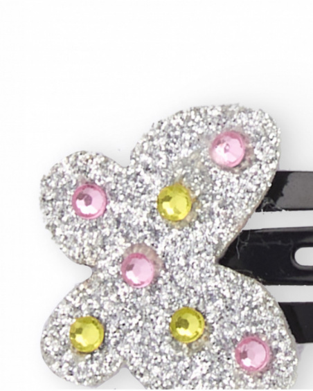 Black hair clips for girls with silver butterflies and colorful gems