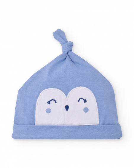 Knit hat for newborn in blue with top knot detail