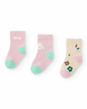 Set of 3 pairs of baby girl socks in pink and beige tones with assorted designs. Set of 3 pairs of baby girl socks in pink and beige tones with assorted designs.